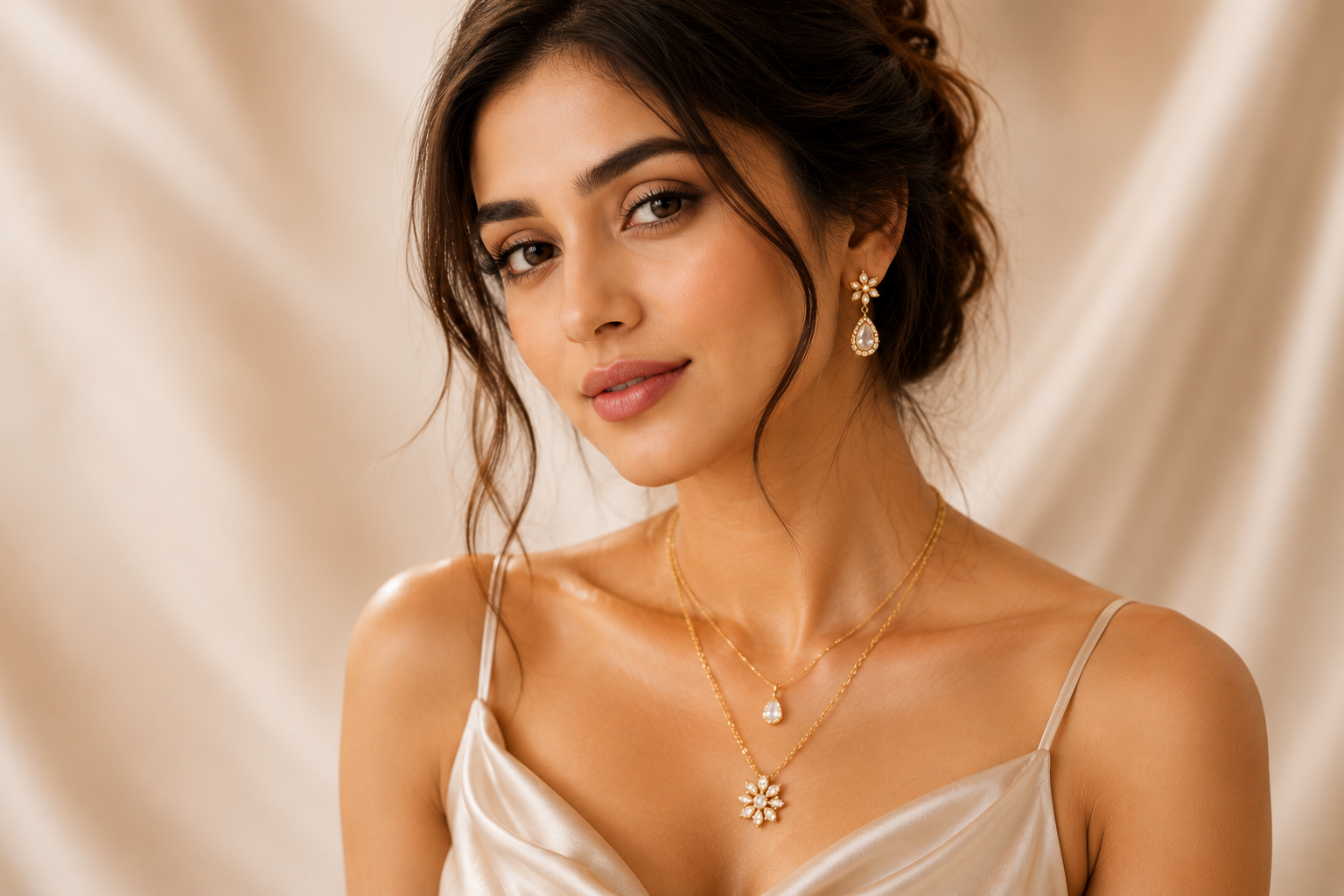 Model wearing a Thangasurangam pearl necklace